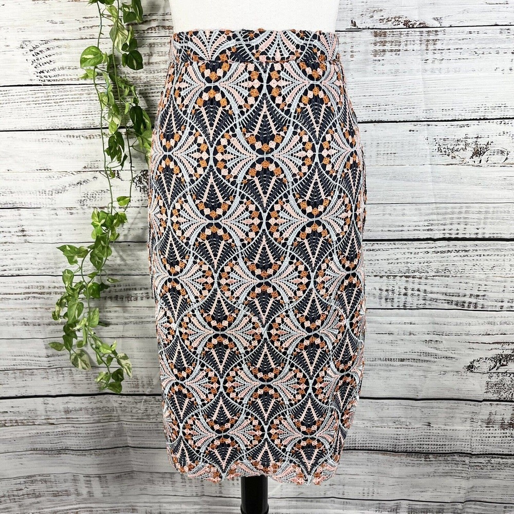 Moulinette Soeurs Anthropologie Skirt sz 6 Pink Blue Lace Pencil Knee Wedding
